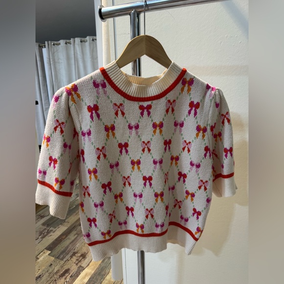 THML Sweaters - THML Cream Sweater with Pink, Red and Orange Bow Pattern